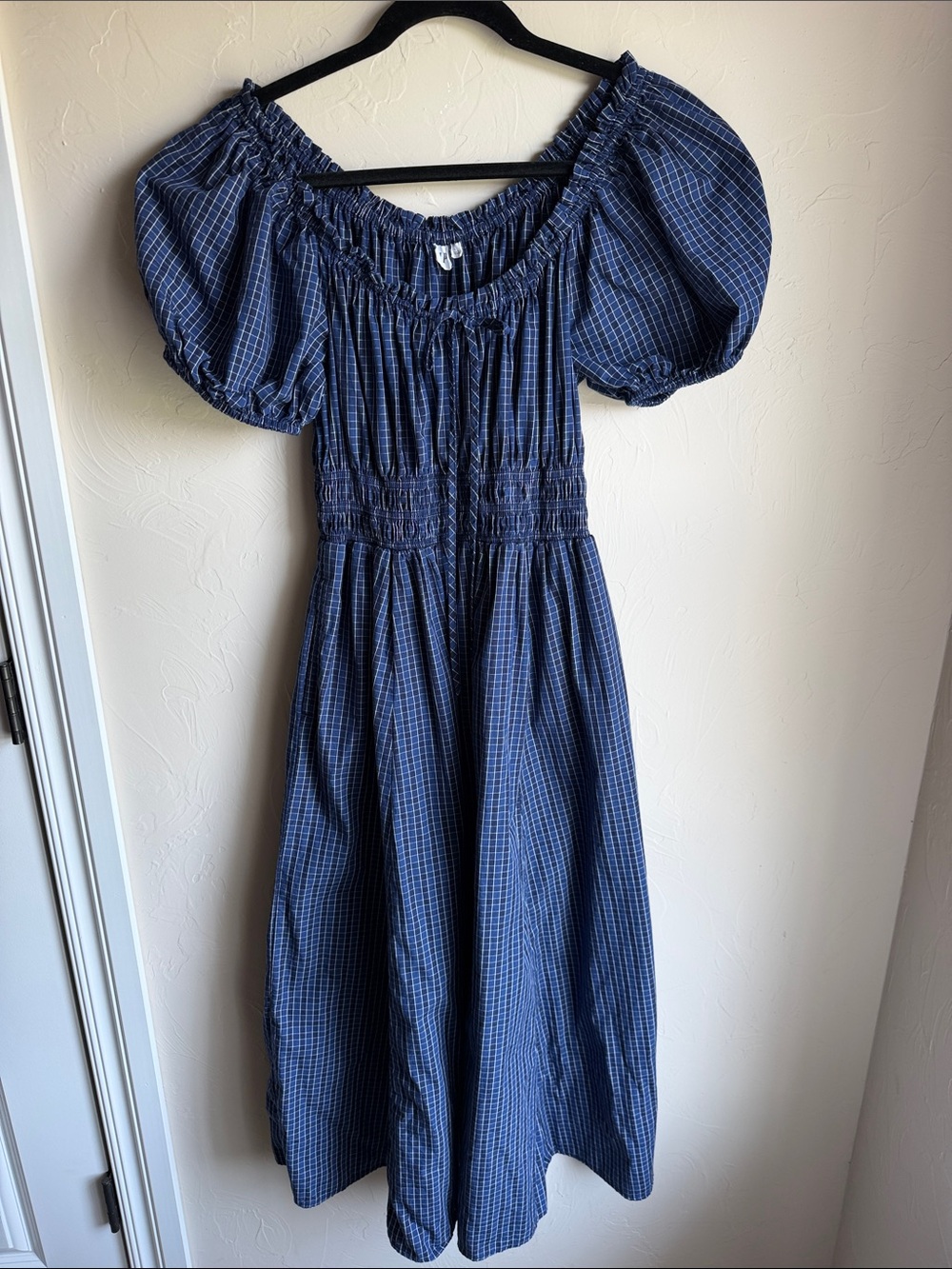 GAP Blue Plaid Midi Dress with Puff Sleeves